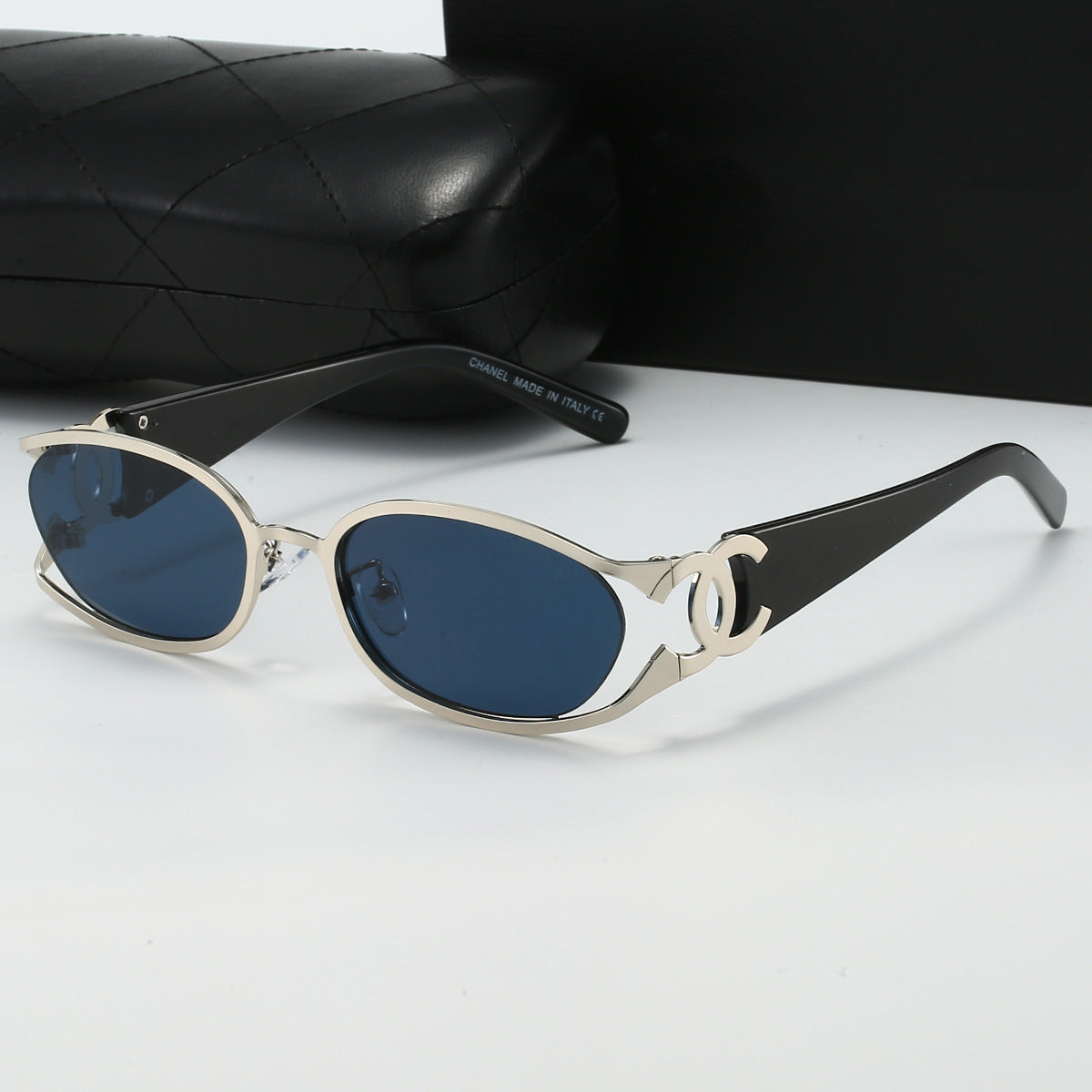 Chanel Style Double C Letter Sunglasses Metal Frame gold Hollow Temple Sunglasses for Women Oval Vintage Style Fashionable