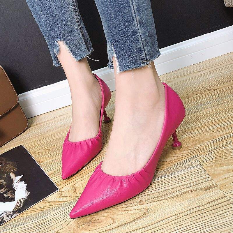 Women's High Heels2025New European Style Thin Heel Mid Heel Pointed Toe Fashion Chanel Style Single Shoes Work Leather Shoes for Women