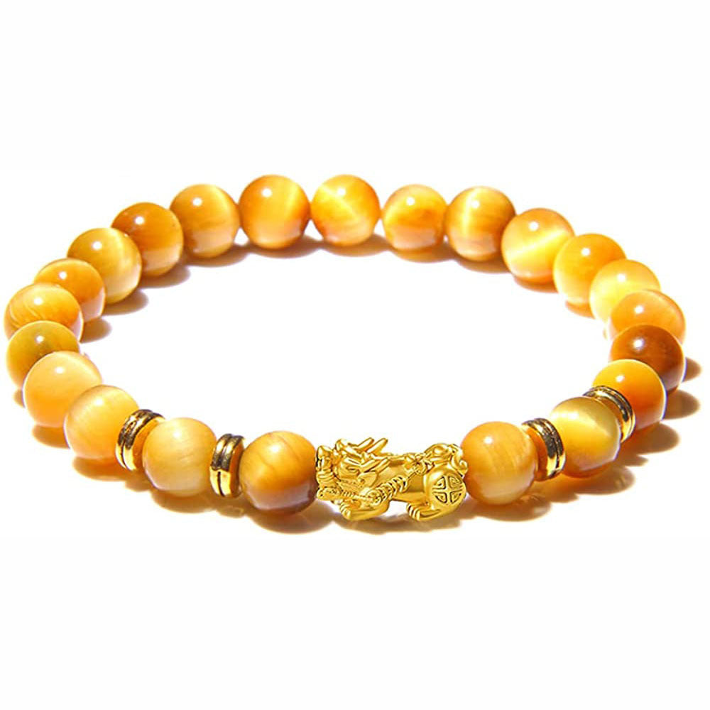 Fortune-Attracting Pixiu Bracelet Men's Gift8mm Blue Tiger Eye Beaded Natural Stone Yellow Tiger Eye Pixiu Bracelet