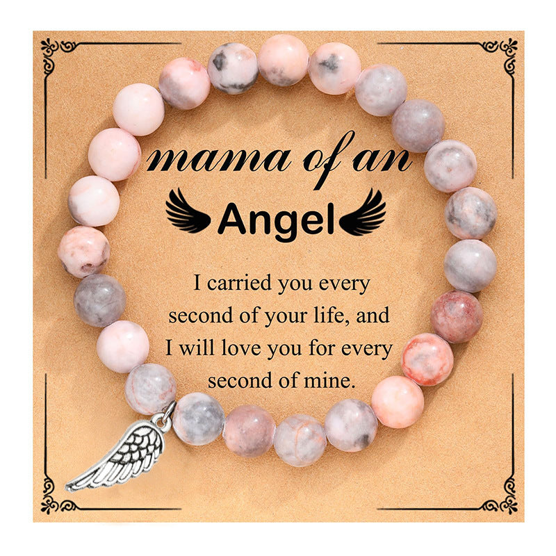 Angel Feather Wings Bracelet Pink Zebra8mm Beaded Bracelet with Card for Remembrance of Mother