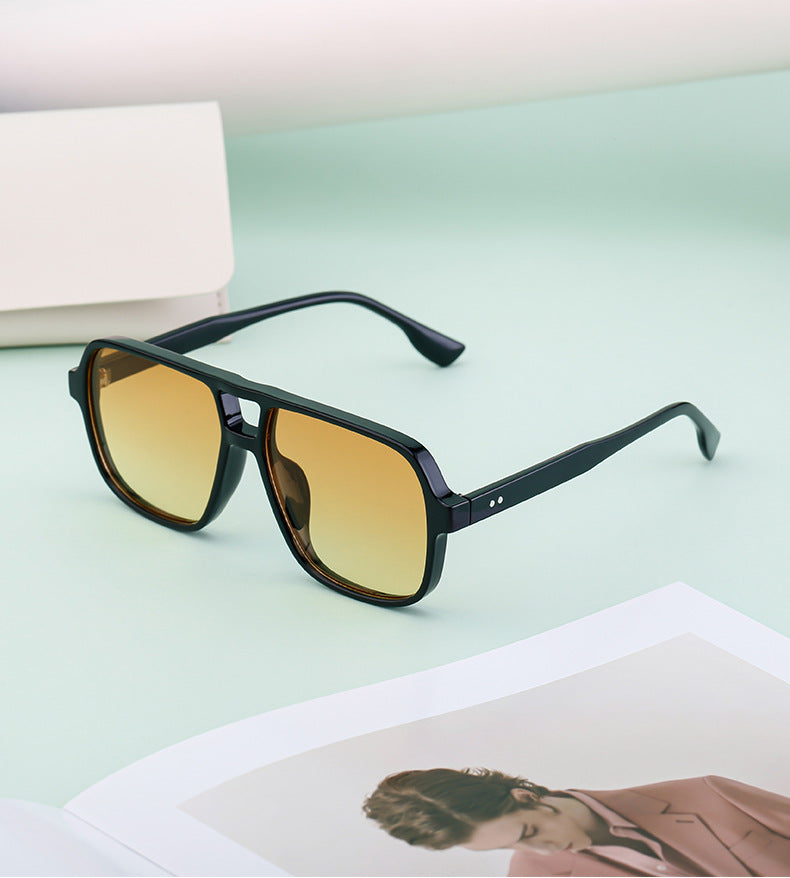 European and American Retro Double Bridge Sunglasses for Men, Large Frame Driving Sunglasses, Men's Outdoor Hiking Sun Protection Glasses shades