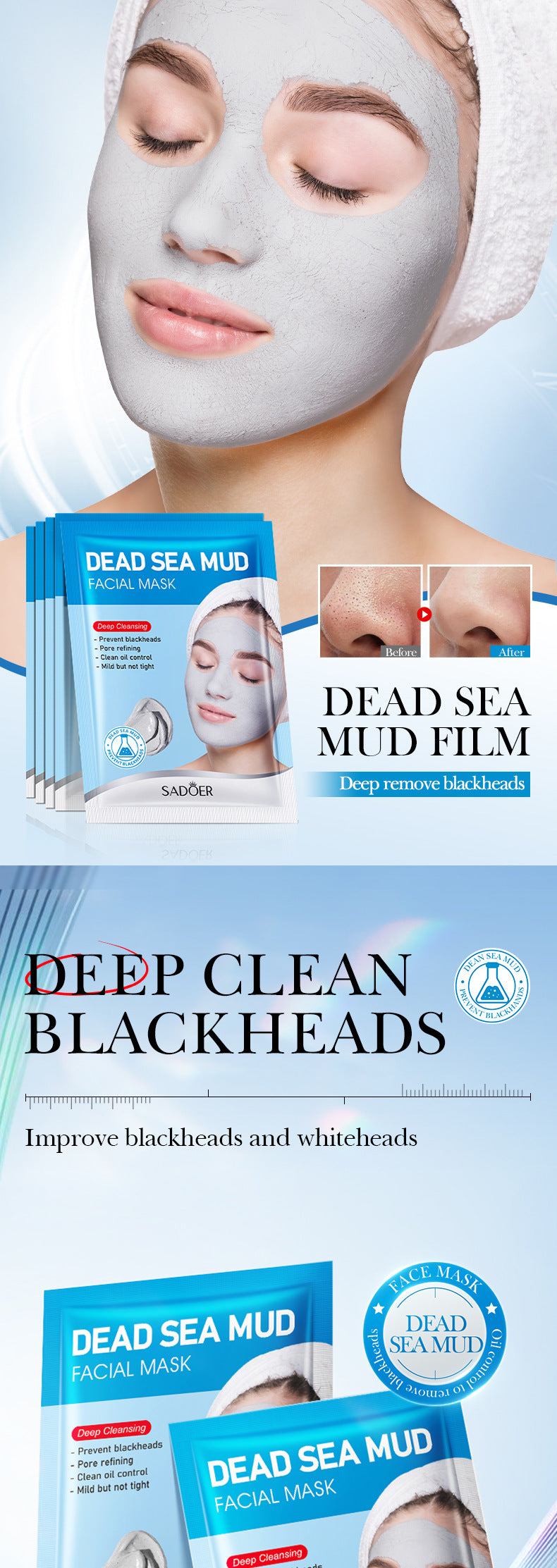 Dead Sea Mud Cleansing Mask SADOER Deep Cleansing Blackhead Removal Mask Cross-Border Wholesale