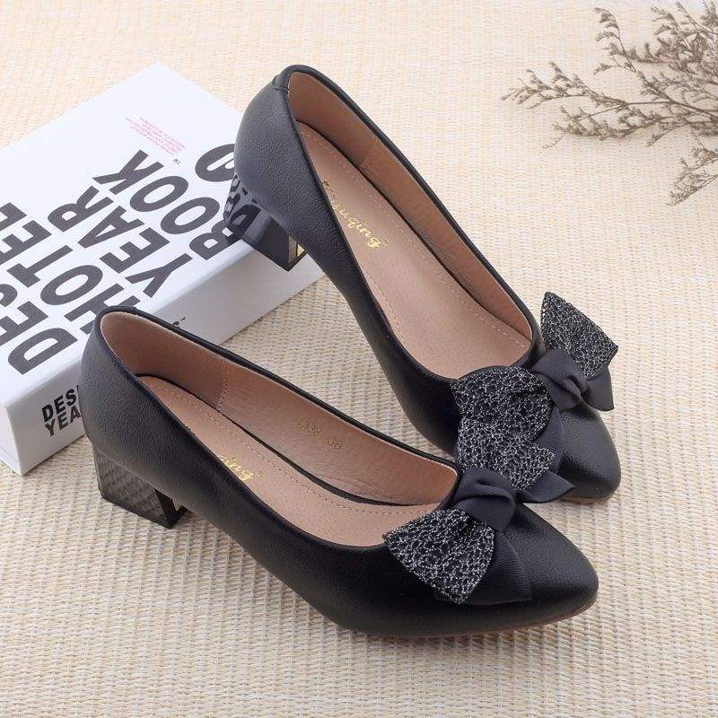 2025Spring Korean Style New Shallow Mouth Chunky Heel Youth French High Heels Fashionable Bowknot Elegant Single Shoes