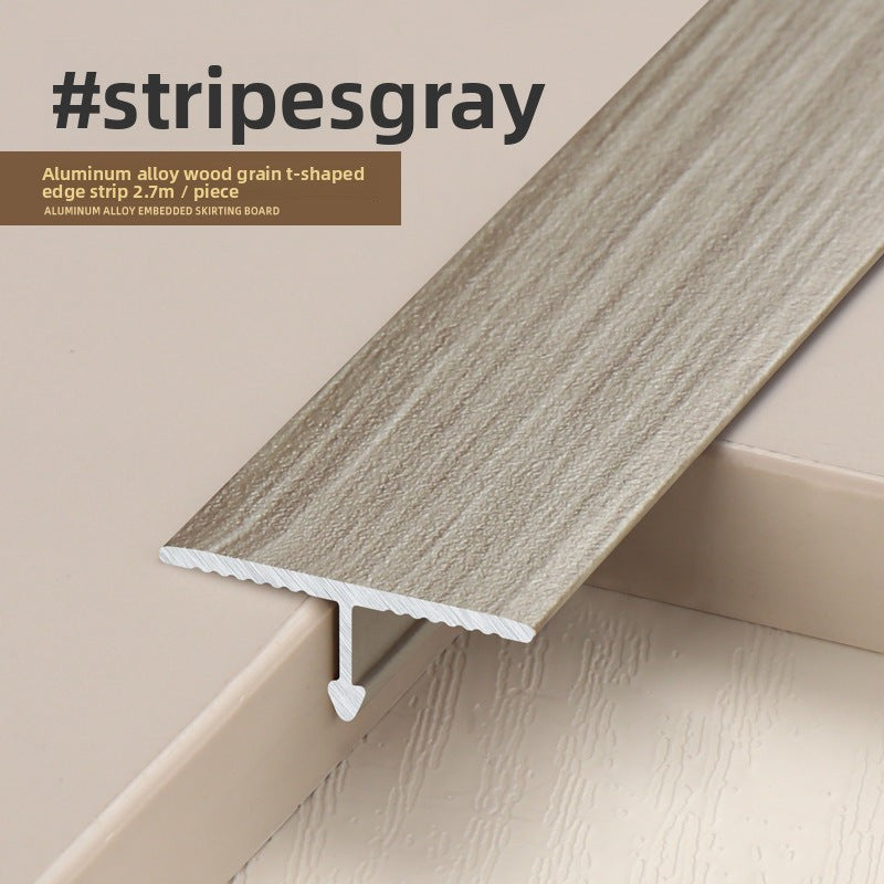 Stripes Gray aluminum alloy wood grain t-shaped edge strip, 2.7m long, ideal for home decor.