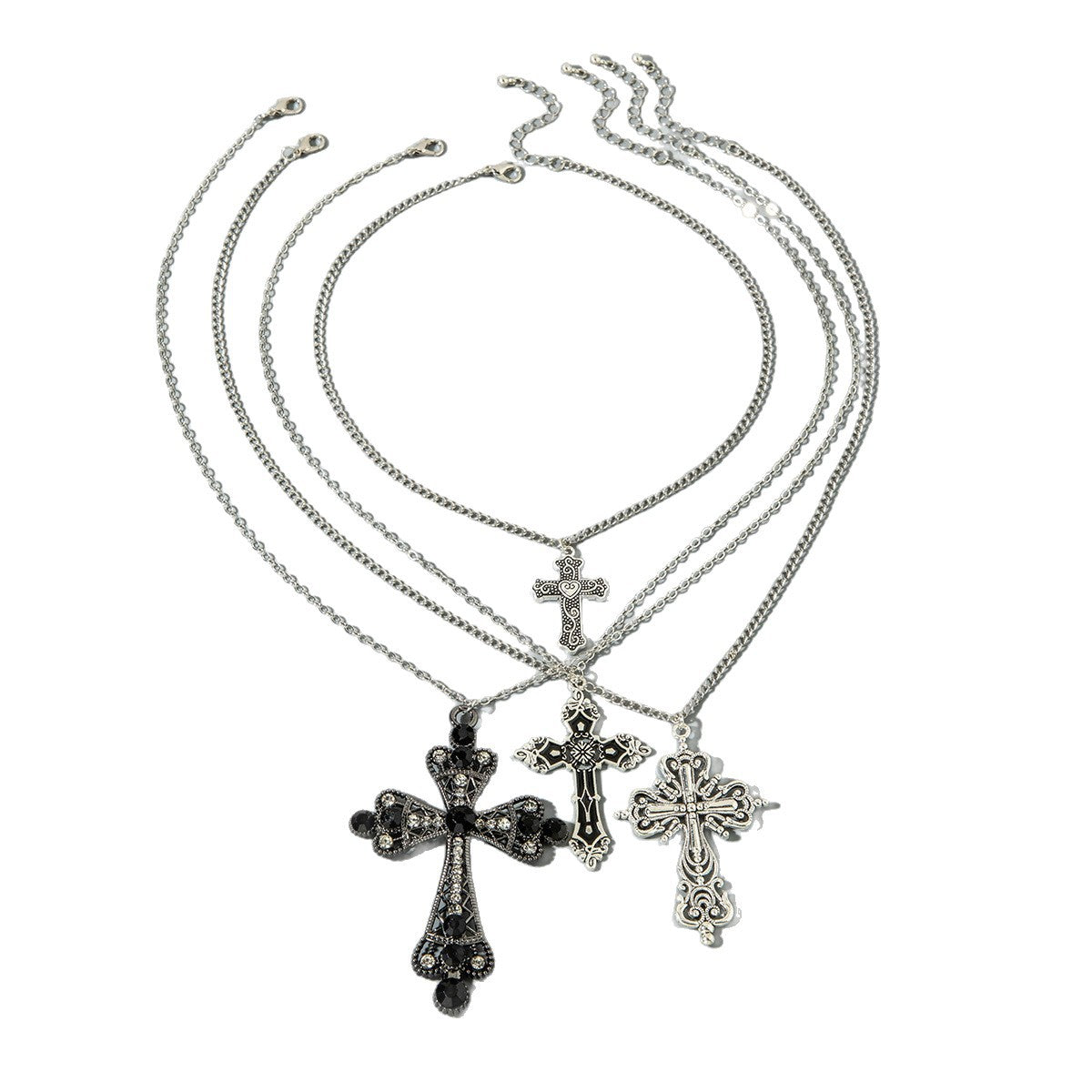 European and American Retro Hollow Diamond Cross Pendant Necklace Gothic Style Black Layered Wear Y Type Necklace