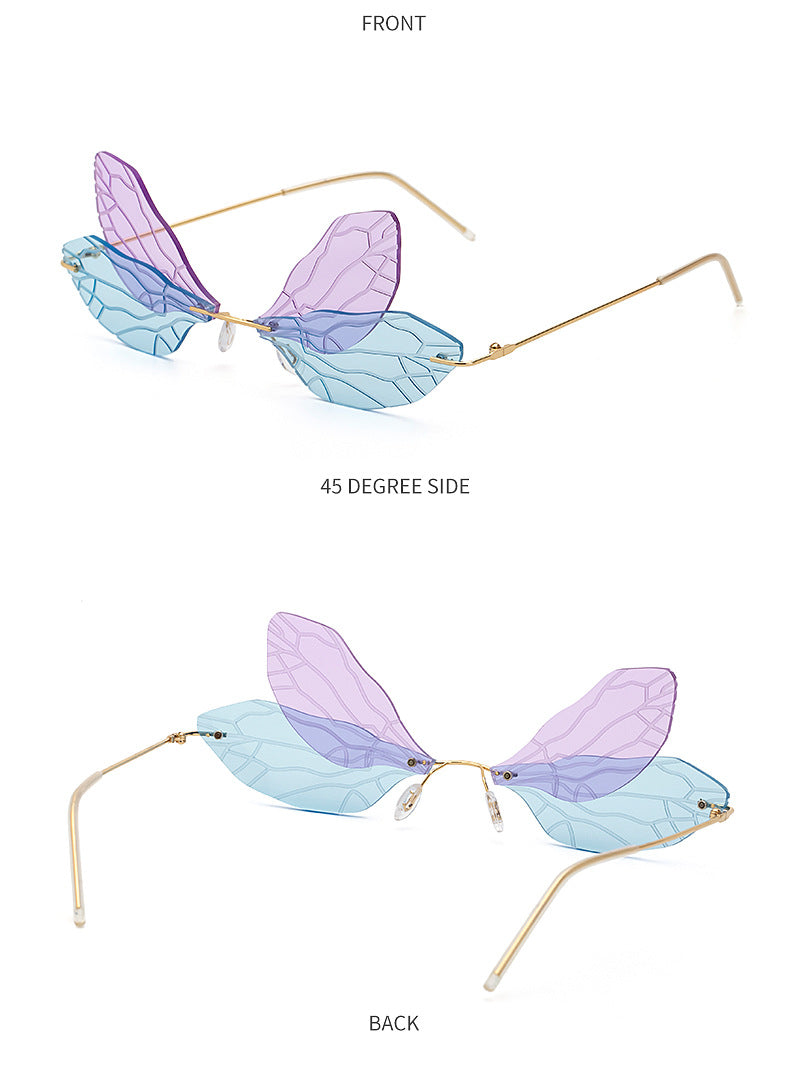 Dragonfly Sunglasses for Women, Stylish Wing Design, Fashionable Double Lens Party Dance Frameless Sunglasses