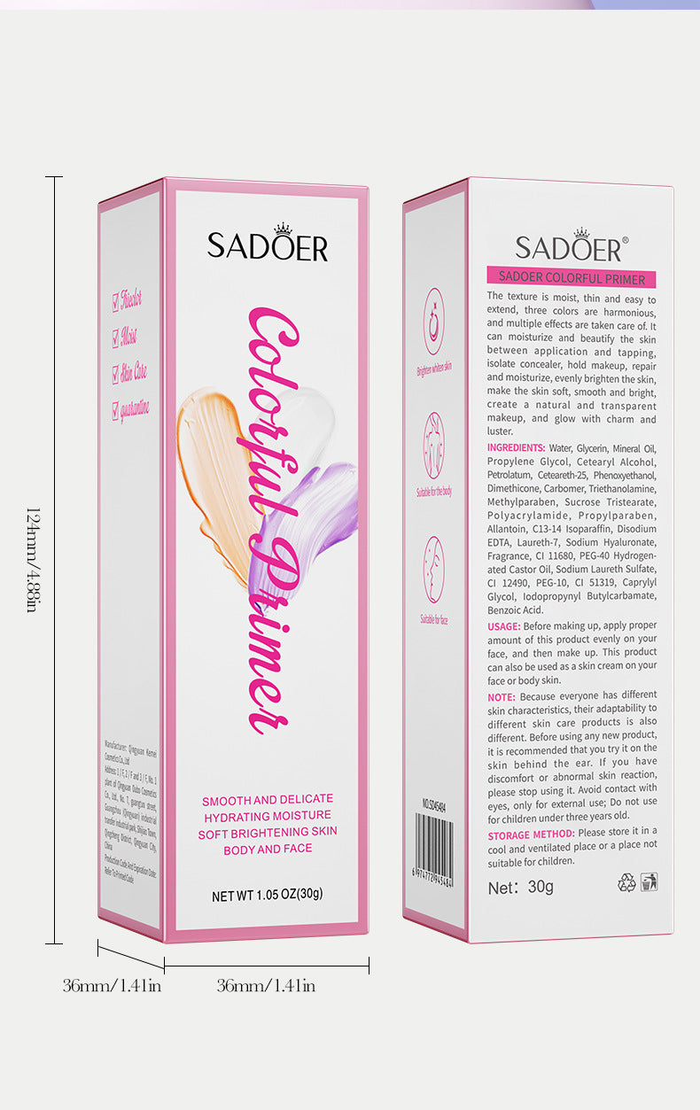 Makeup SADOER Three Color Rainbow Isolation Cream Contour Concealer Refreshing Primer  Wholesale