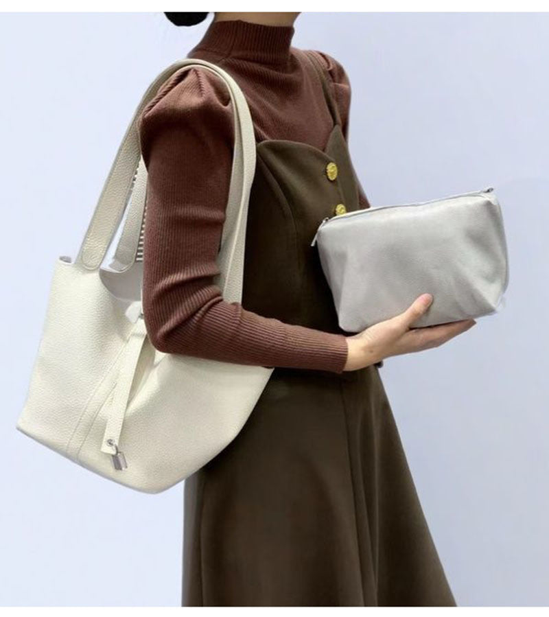 2025New Basket Bag for Women, High-End Niche Design, Large Capacity Bucket Bag, Top Layer Cowhide Handbag