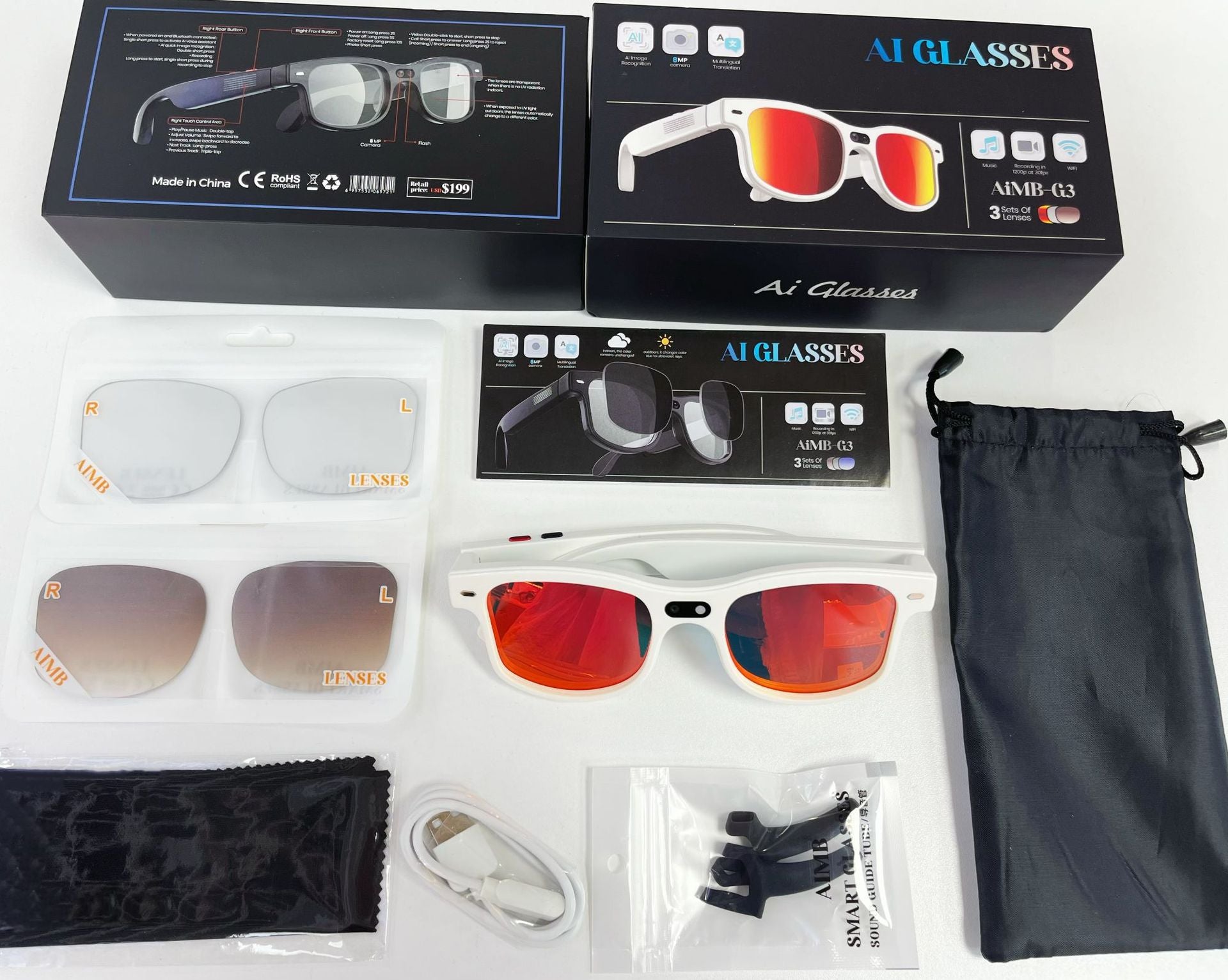 AIMB-G3Smart Glasses800100 Megapixel Camera1200P Video Recording Color Changing Lenses AI Simultaneous interpretation