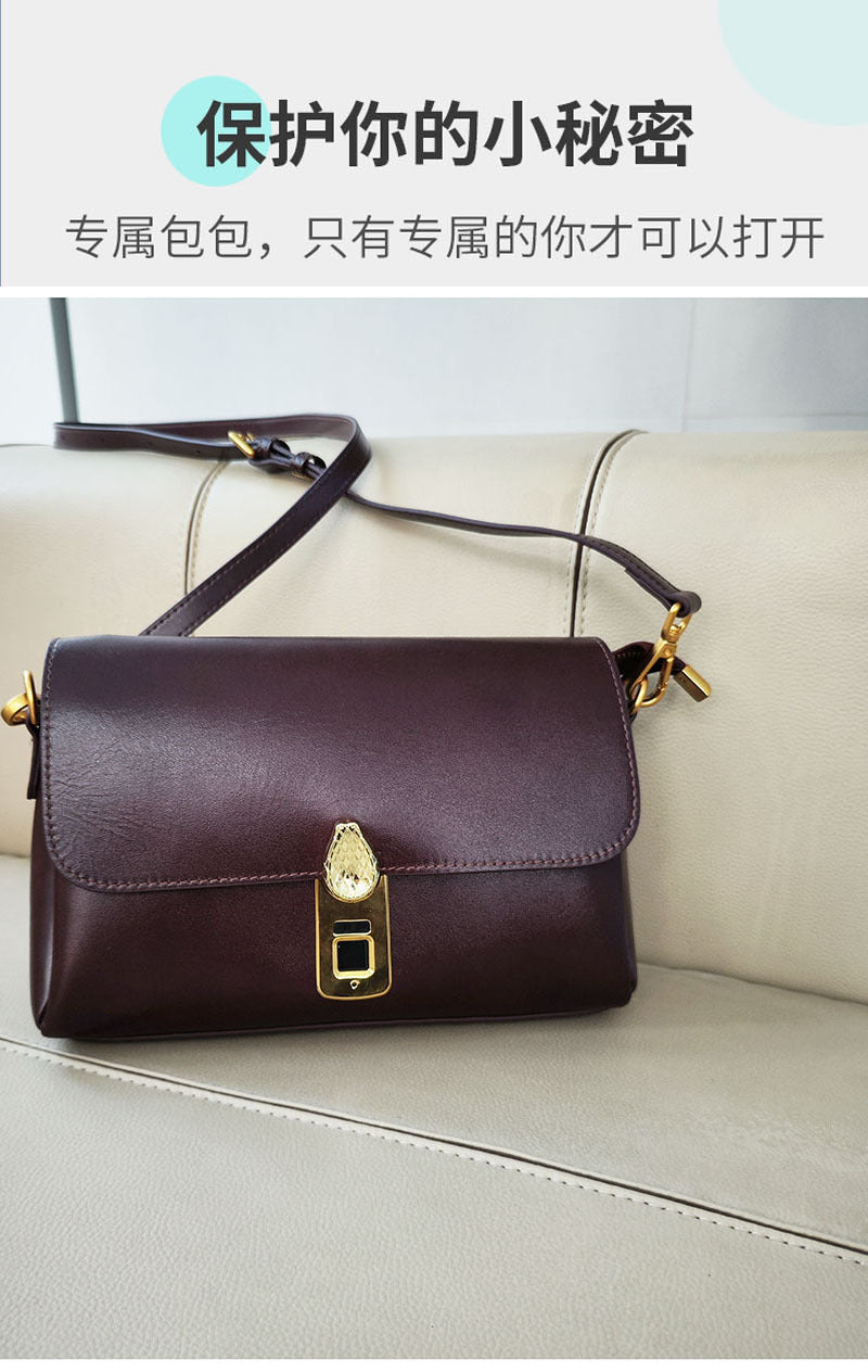 Fingerprint Unlock Bag Niche Genuine Leather Women's Bag High-end Flocked Top Layer Cowhide Single Shoulder Crossbody Commuter Underarm Bag