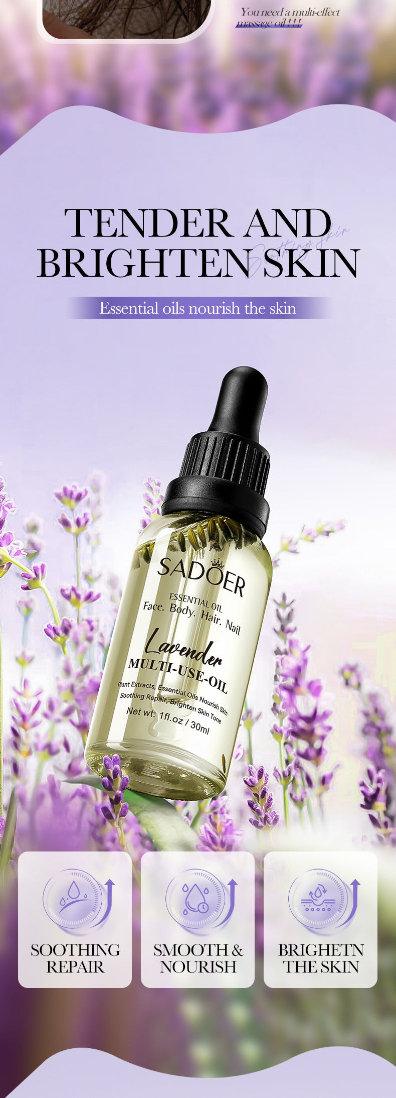 Cross-border Lavender Dried Flower Massage Oil30ml Moisturizing and rejuvenating skin body oil wholesale from foreign trade manufacturer