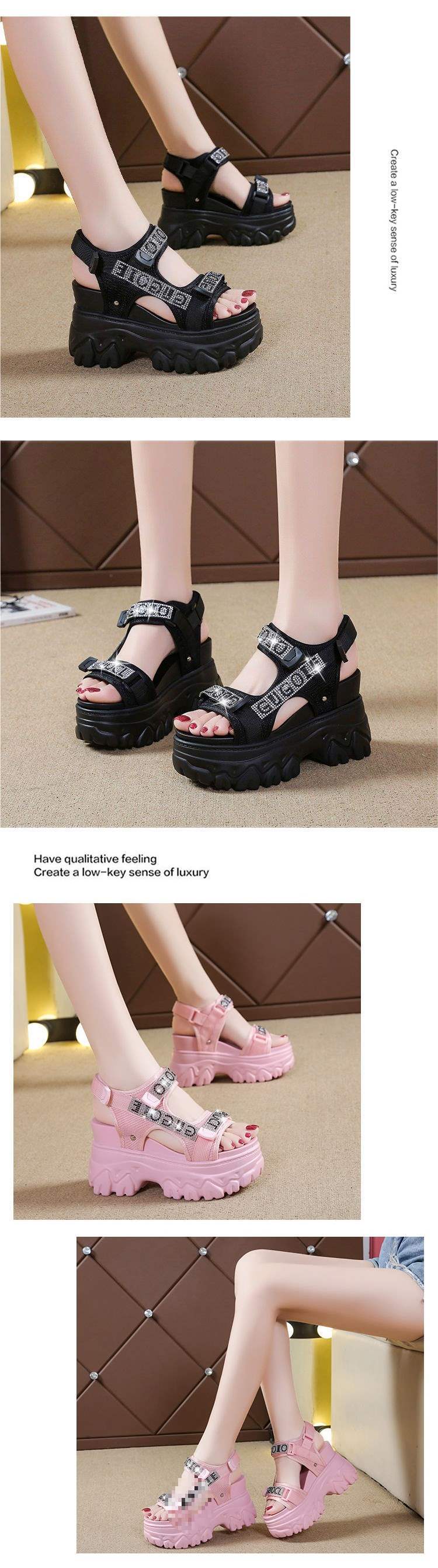 Women's Hidden Heel Sports Peep Toe Wedge Thick Sole Sandals2025Summer new style white rhinestone Velcro Roman shoes