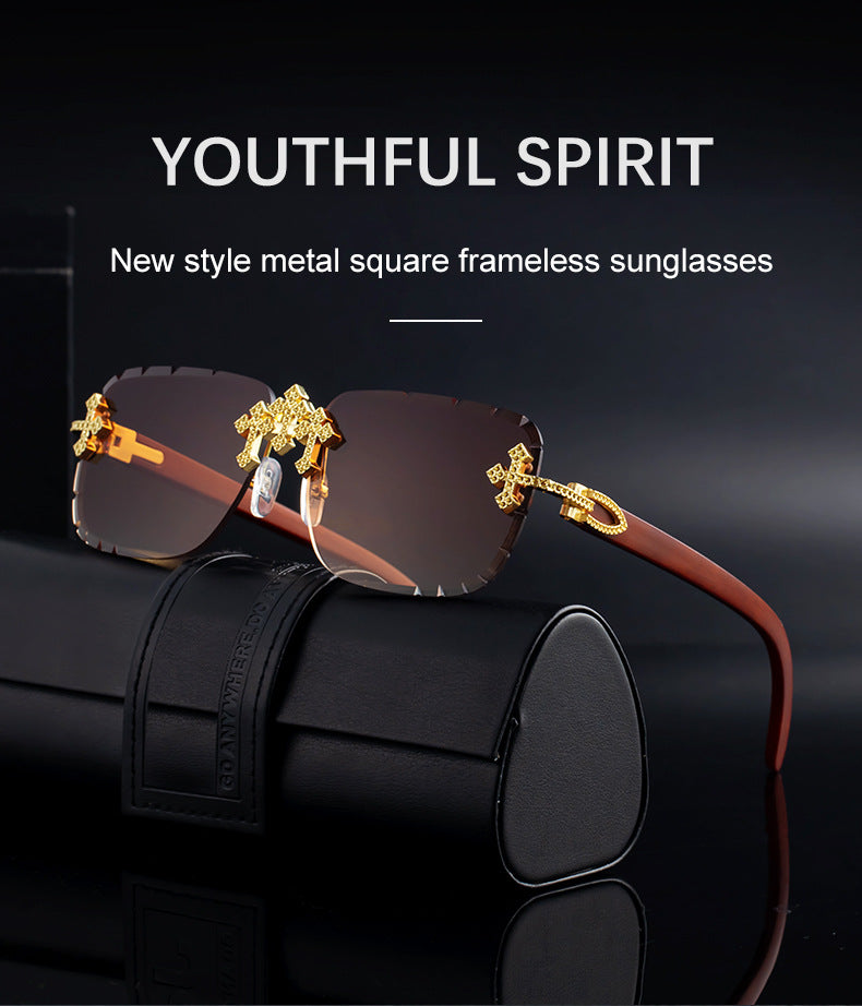 2025New European and American Retro Frameless Sunglasses for Men with Diamond Cut Edge and Imitation Wood Grain Temples Wholesale