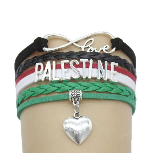 Men's Multi-layer Braided Leather Bracelet with Heart Pendant Vintage Stacking PALESTINE Letter Braided Bracelet