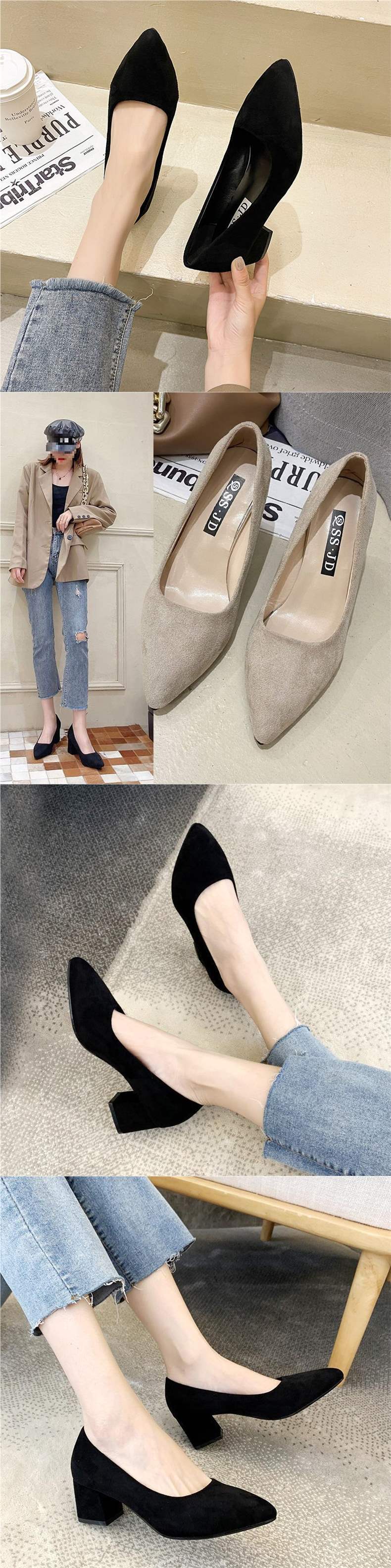 Etiquette Black Large Size High Heels Shallow Mouth Pointed Toe Non-Chafing Single Shoes Women Chunky Heel Professional Versatile Mid-Heel Work Shoes
