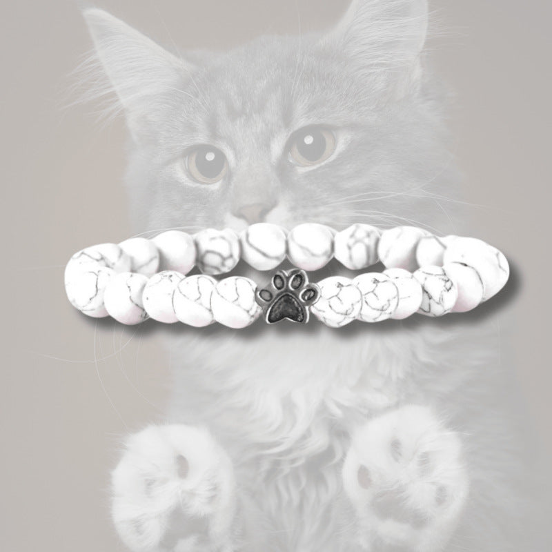 Animal Paw Print Bracelet Women's Natural Stone8mm Beaded Black Weathered Volcanic Stone White Pine Cat Claw Bracelet