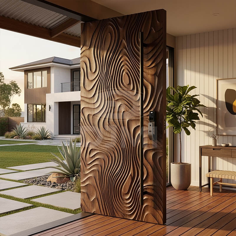 Luxury Custom Irregular Wave Series: 2026 Most Popular Solid Wood Entrance Door for Villa Residential Exterior Front Entry Door
