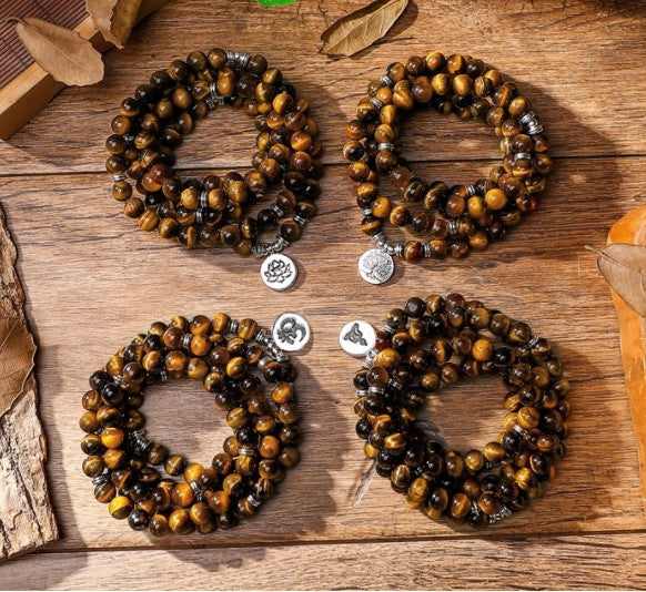 108Pink Quartz Bracelet Lotus Lucky Tree Pendant Labradorite Braided Bracelet Agate Tiger Eye Elastic Bracelet