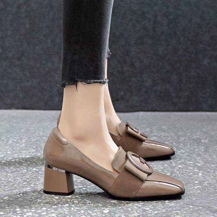 Soft Leather Patent Leather New Style Women's Shoes Fragrance Style Korean Version Square Toe Elegant Small Leather Shoes Versatile Soft Sole Chunky Heel Loafers for Women
