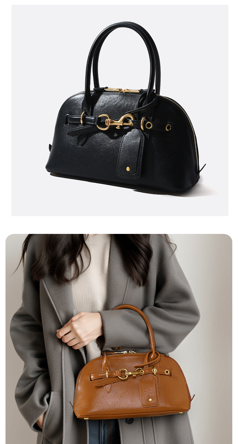 Miaojia Same Style European and American Retro Handbag Female Sense Top Layer Cowhide Crossbody Shell Bag Niche Boston Bag