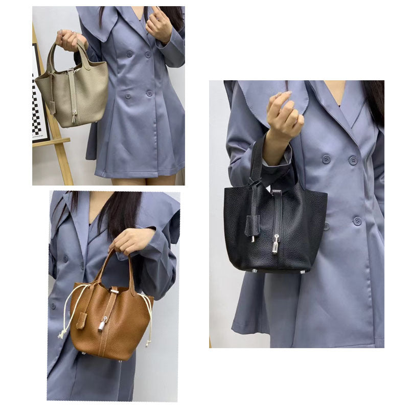 Genuine Leather Basket Bag2024New high-end casual bucket bag for women, top layer cowhide commuter handbag