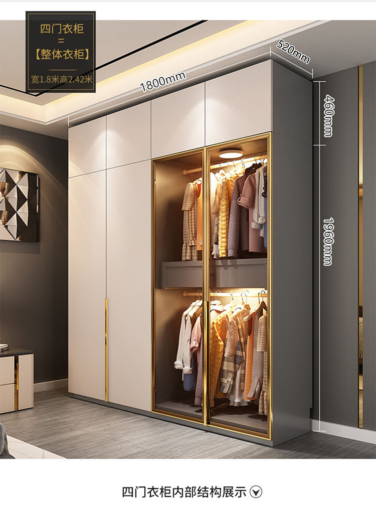 Flat Door Glass Door Wardrobe Modern Household Bedroom Cloakroom Four-Six-Eight Door Assembly Wardrobe Storage Large Wardrobe