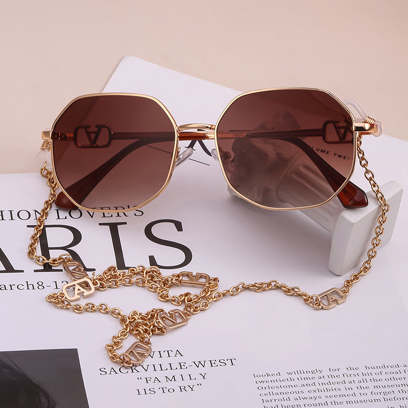 Chain Sunglasses for Women, Internet Celebrity Style, Anti-Drop Chain, Irregular Polygonal Full Frame Sunglasses for Women, Trendy