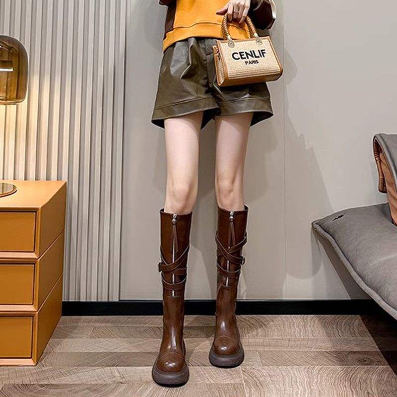 2025Spring and Autumn New Over-the-Knee Boots Women's Martin Boots Belt Buckle Thick-Soled Motorcycle Rider Boots High Tube Fashion Boots