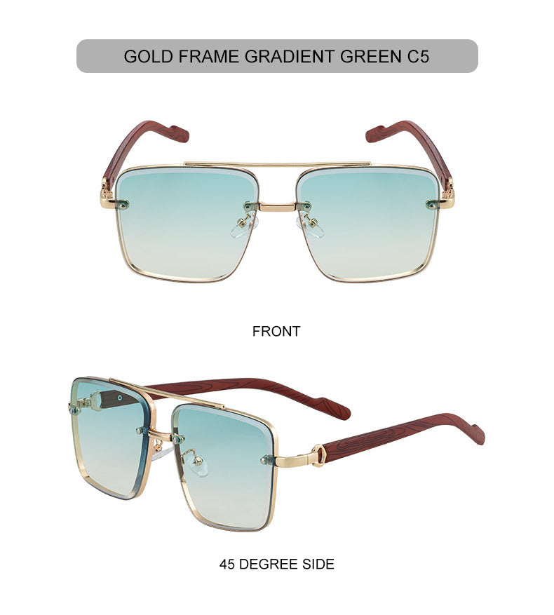 2025New European and American Fashion Square Frame Sunglasses for Men Retro Imitation Wood Grain Temple Double Bridge Sun Protection Sunglasses for Men