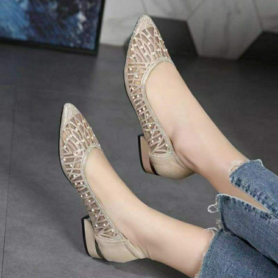 Women's Rhinestone Soft Leather Sandals2025Summer New Flat Hollow Mesh Shoes Shallow Mouth Mesh Single Shoes for Women