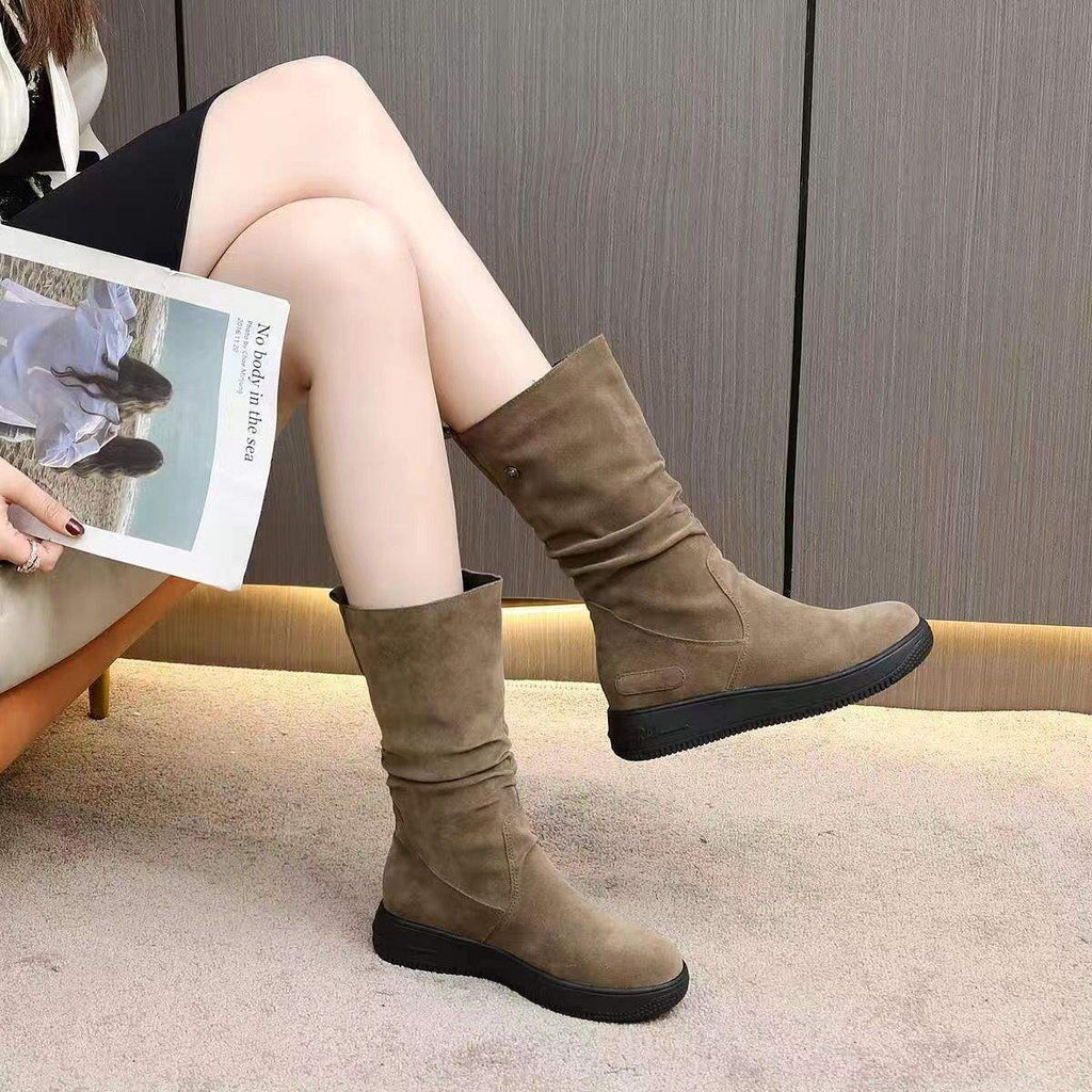 Thick-Soled Non-Slip Suede High Boots for Women, Thick Fleece Winter Mid-Calf Boots, Flat Snow Boots, Warm Cotton Shoes, Martin Boots