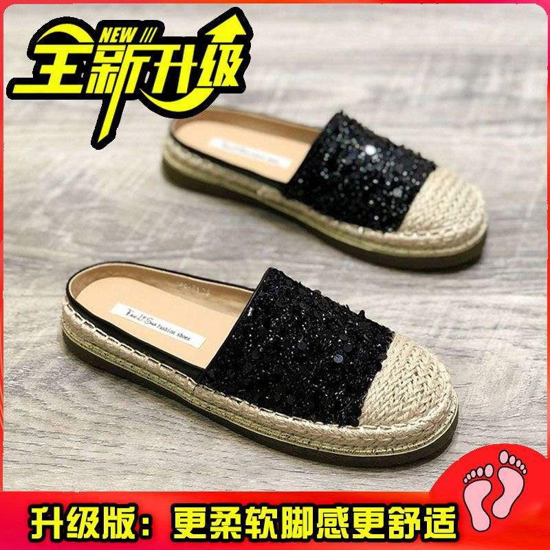 2025Spring New Knitted Retro Round Toe Sequin Slip-On Flat Fashion Closed-Toe Half Slippers Backless Fisherman Shoes