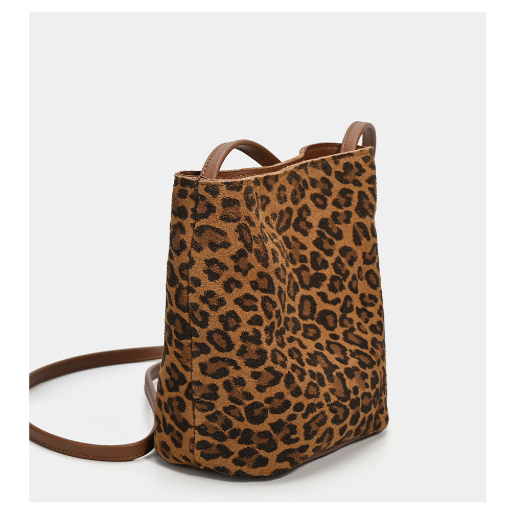 Leopard Print Genuine Leather Bucket Bag Niche Women's Bag Autumn Winter New Versatile High-end Soft Cowhide Single Shoulder Crossbody Bag