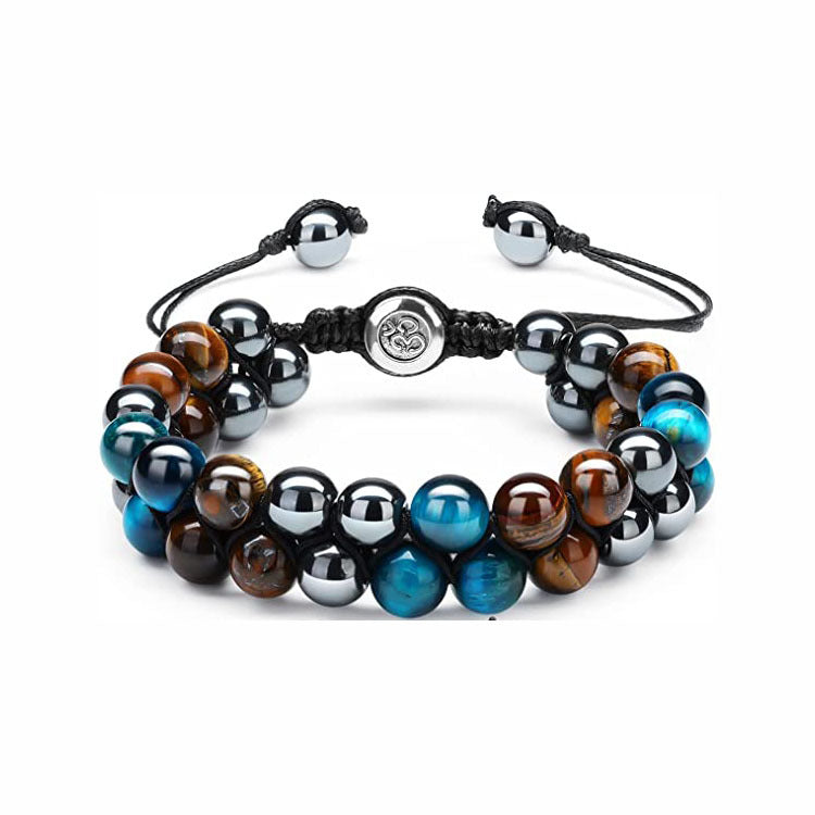 Men's Double Layer Braided Bracelet with Shiny Magnetic Stone Natural Stone Tiger Eye Double Row Braided Bracelet
