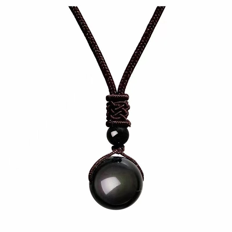 Natural Obsidian Necklace16mm Beaded Tiger Eye Stone Pendant Holiday Gift Couple Amethyst Necklace