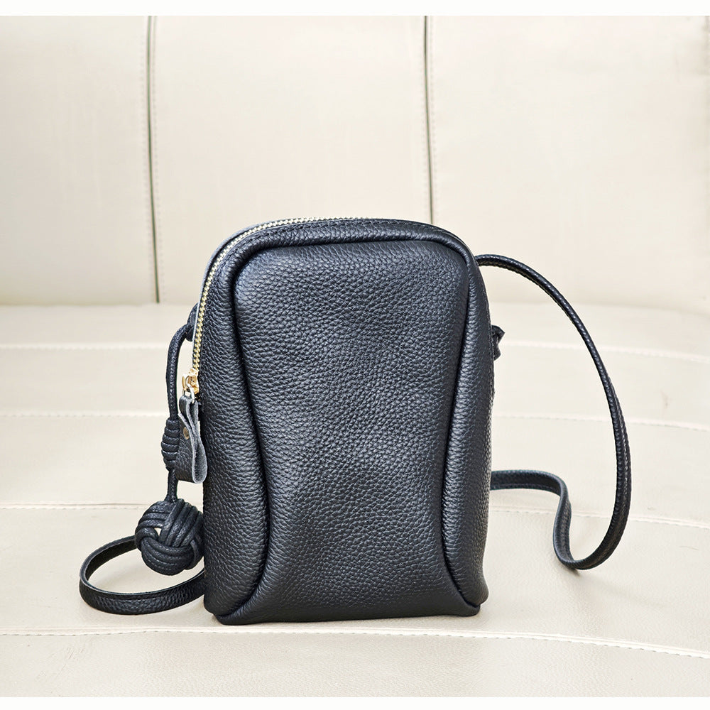 Niche Genuine Leather Phone Bag for Women2025Korean Style Fashion Versatile Lightweight Woven Ball Small Crossbody Bag