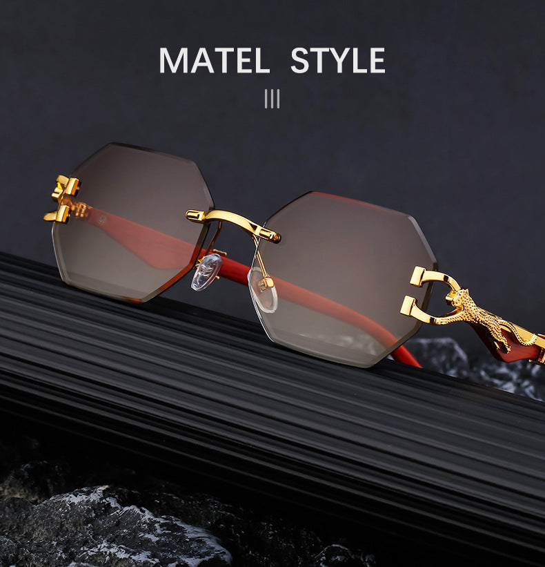 New European and American Retro Frameless Sunglasses for Men with Imitation Wood Grain Temples Wholesale Glasses shades