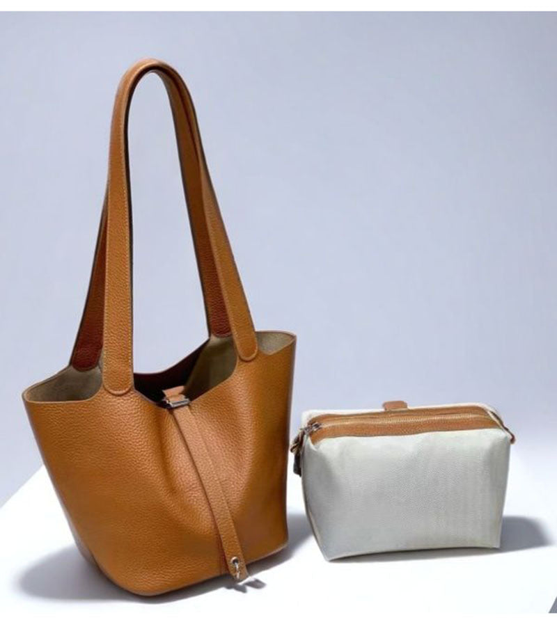 2025New Basket Bag for Women, High-End Niche Design, Large Capacity Bucket Bag, Top Layer Cowhide Handbag