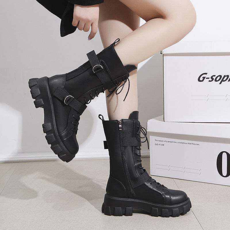 Elevator shoes COS Universal Martin Boots for Women British Style2025New Thick-Soled Motorcycle Rider Mid-Calf Boots Large Size