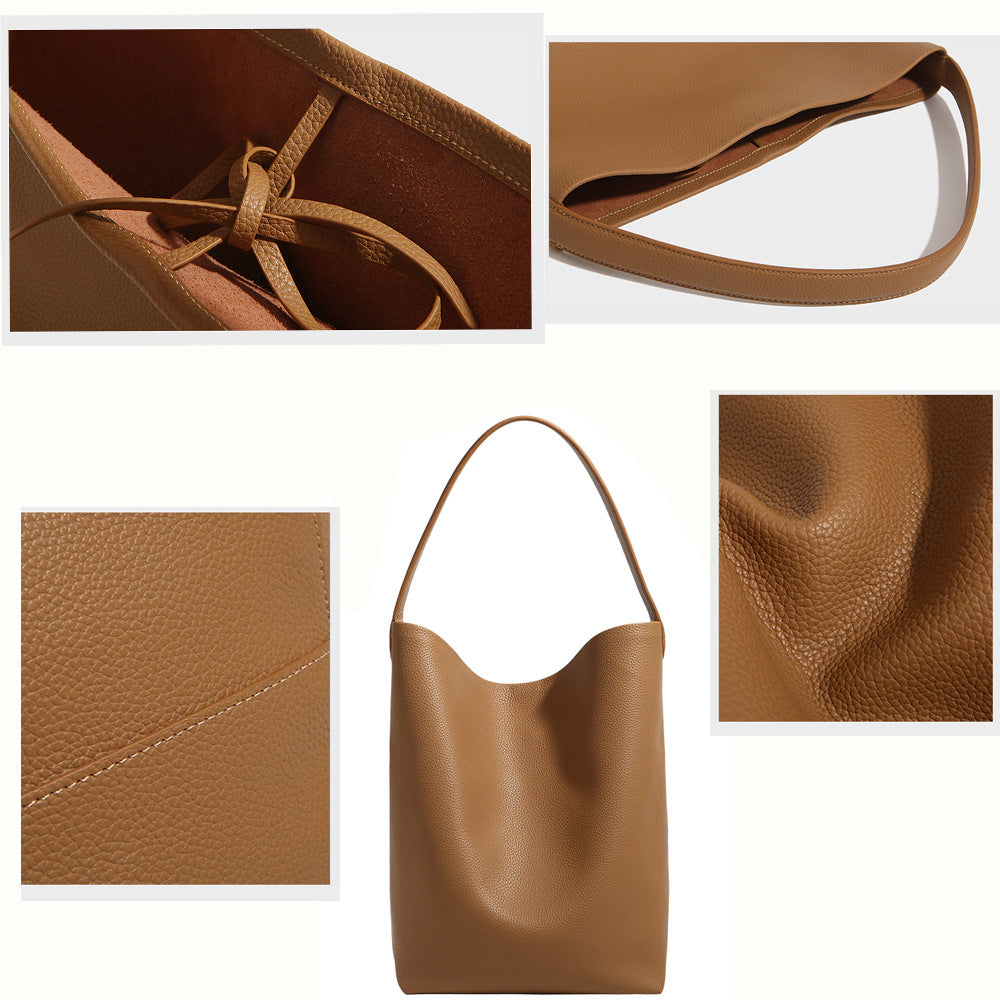 Women's Genuine Leather Underarm Bag Large Capacity Tote Bag Top Layer Cowhide Commuter High-End Feel Single Shoulder Bucket Bag