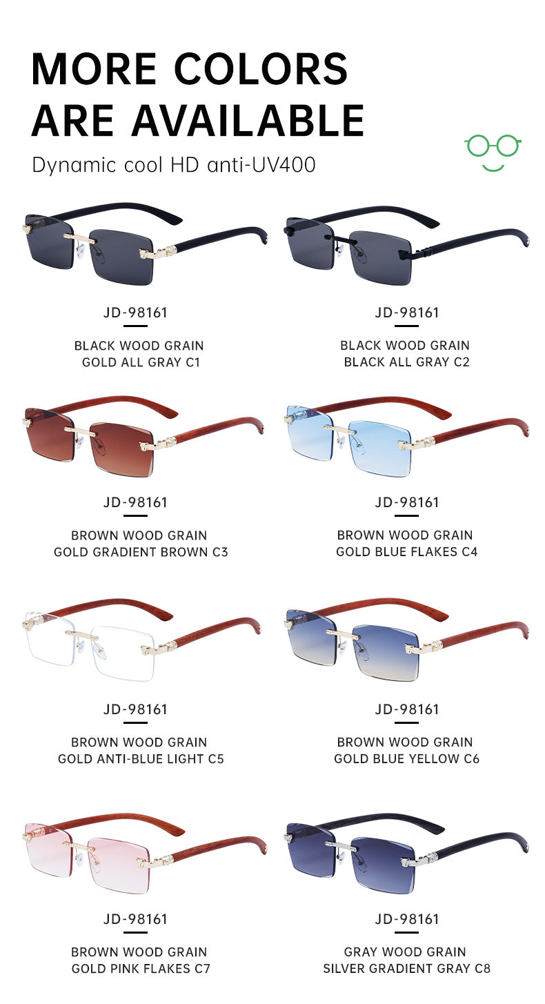 European and American Retro Frameless Sunglasses for Men with Imitation Wood Grain Temples, Men's Mountaineering Glasses shades