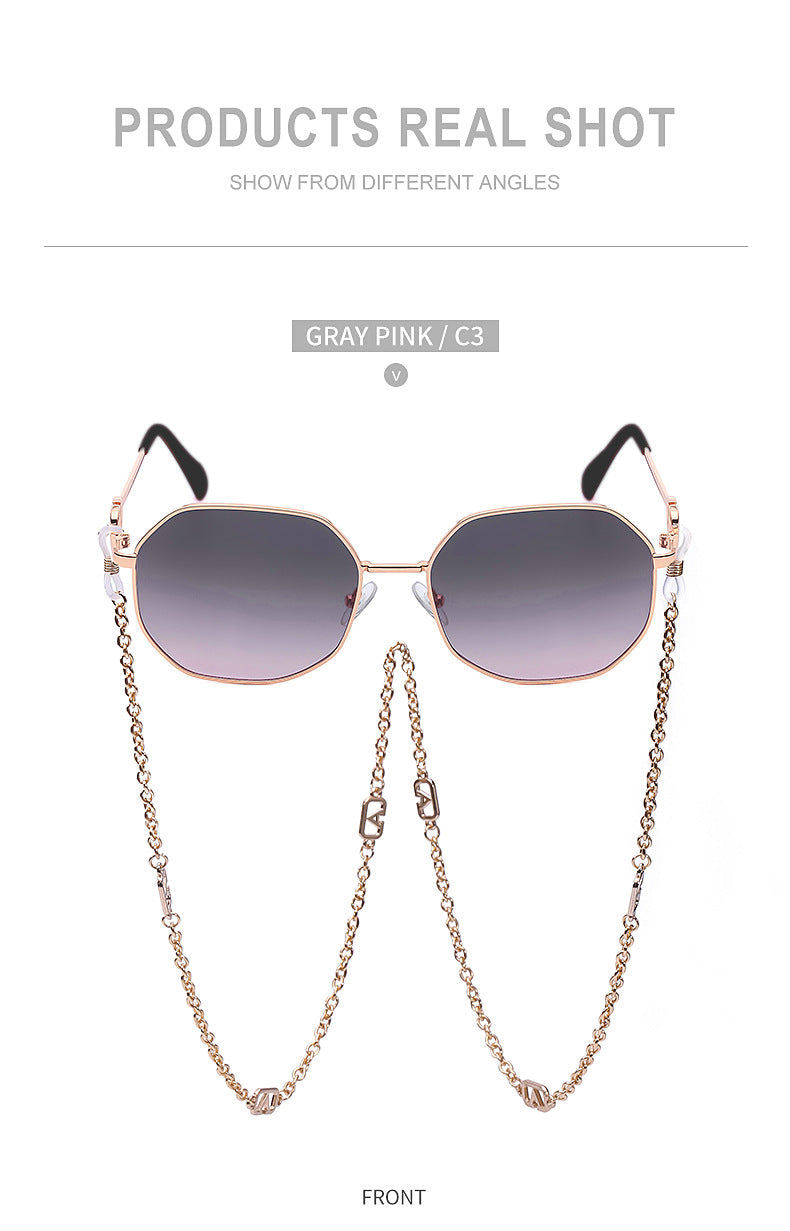 Chain Sunglasses for Women, Internet Celebrity Style, Anti-Drop Chain, Irregular Polygonal Full Frame Sunglasses for Women, Trendy