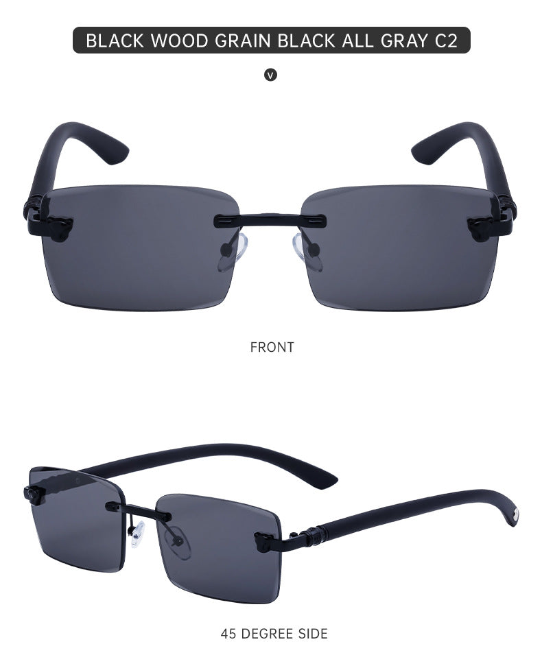 European and American Retro Frameless Sunglasses for Men with Imitation Wood Grain Temples, Men's Mountaineering Glasses shades