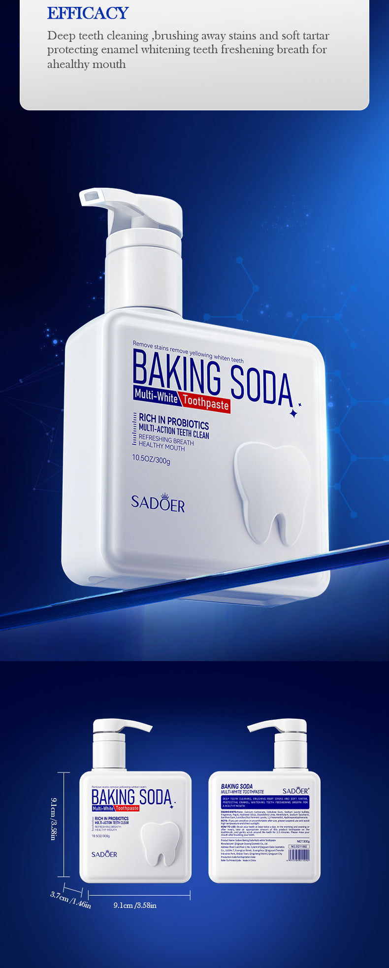 Full English Pump Toothpaste SADOER Baking Soda Probiotics Teeth Cleaning Oral Freshness  Wholesale