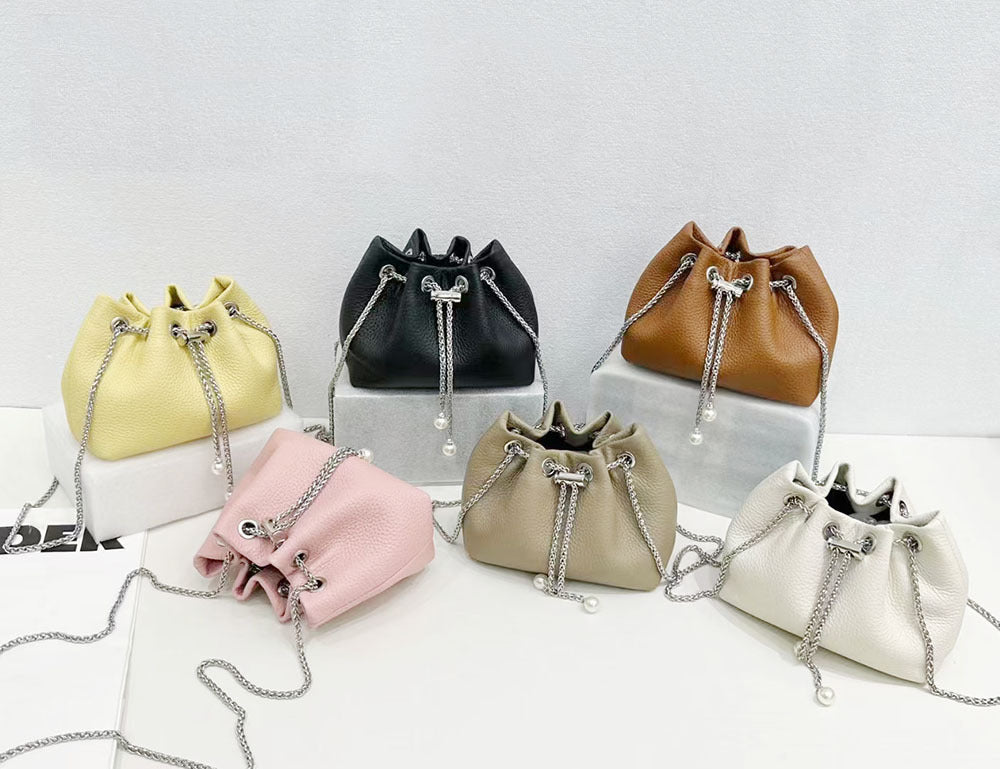 Niche Genuine Leather Bucket Bag for Women2024New Mini Small Bag Top Layer Cowhide Autumn Chain Shoulder Crossbody Bag