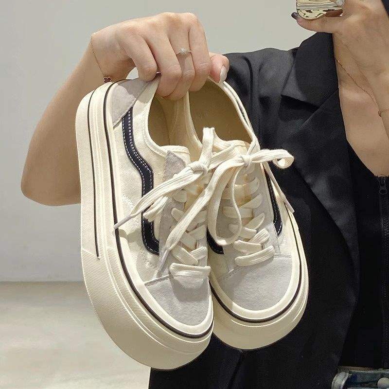 Unique Casual Canvas Shoes2025New Summer Student Versatile White Shoes Height-Increasing Sneakers Thick-Soled Shoes