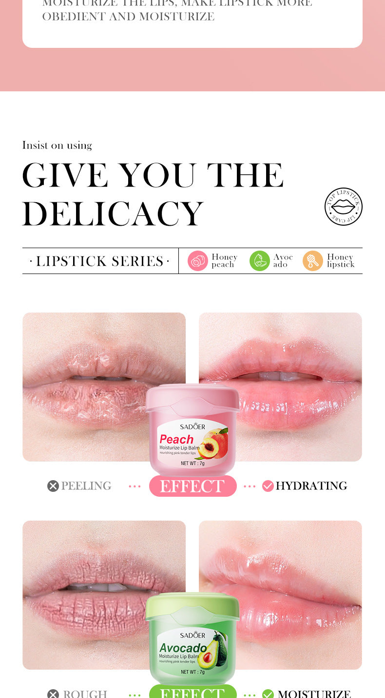 Full English Lip Balm SADOER Honey Hydrating Avocado Anti-Dry Crack Peach Lip Mask  Wholesale
