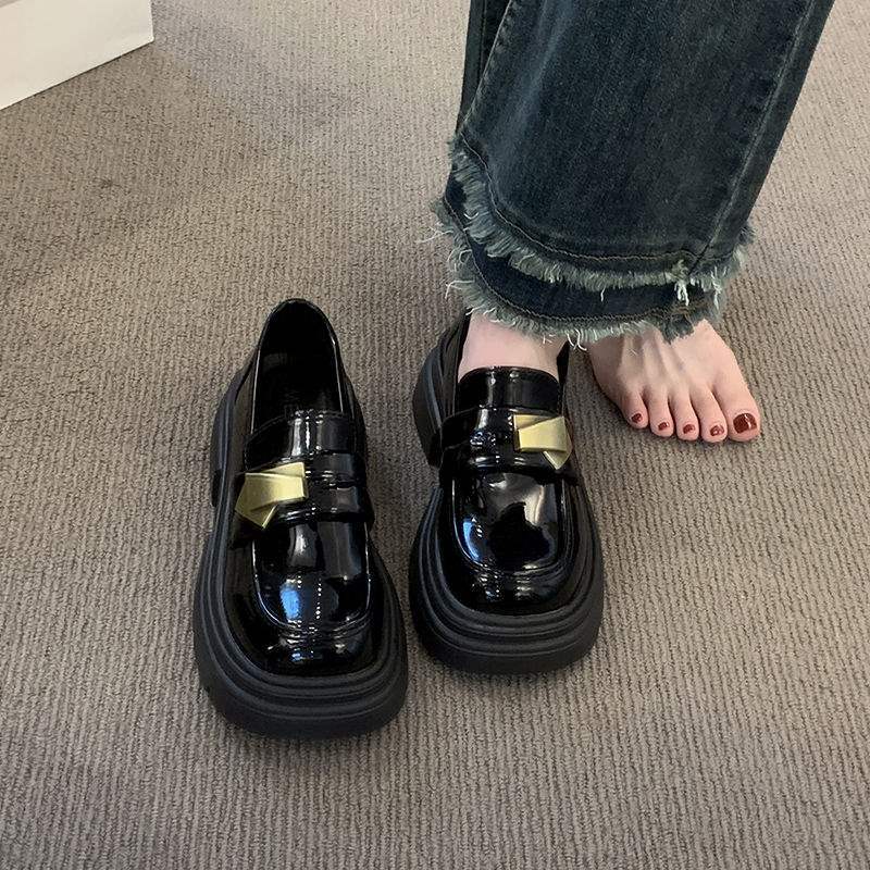 Black Thick Sole Heightening Loafers Women's Shoes2025Spring New Slip-On Shoes British Style Big Toe Small Leather Shoes