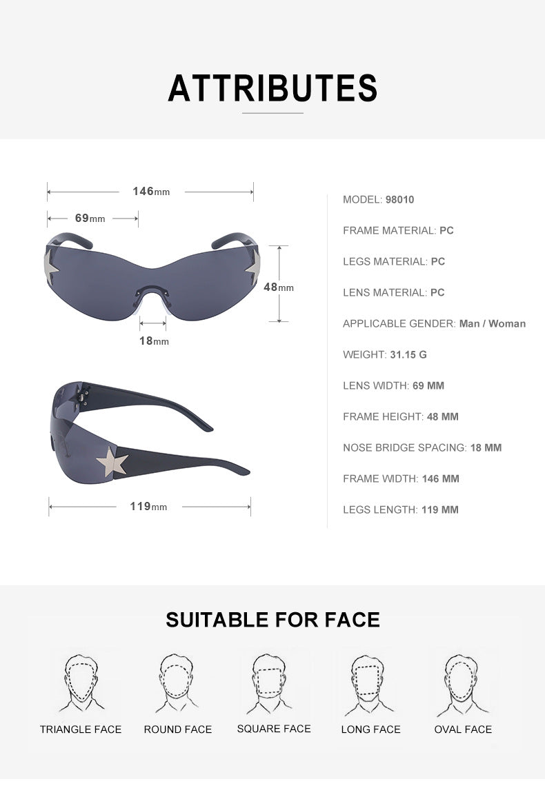 European and American retro rimless sunglasses for women y2k Personalized Five-Pointed Star One-Piece Sunglasses for Men Cycling Glasses Wholesale