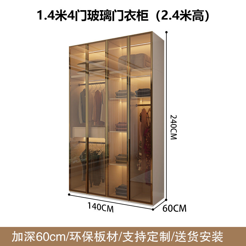 Glass Door Wardrobe with Lights, Solid Wood, Home Bedroom, Modern Simple European Pine Board, Cream Color, Skin Feel Storage, Large Wardrobe